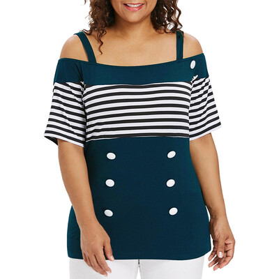 

Nomeni Fashion Women Off Shouder Camisole Stripe Print Short Sleeve Button T-Shirt Tops