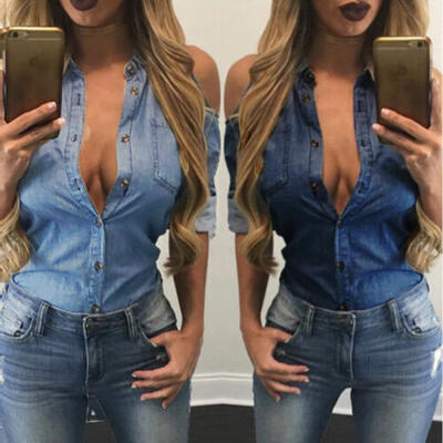 

US Women Fashion Long Sleeve Jeans Shirt Denim Blouse Pullover Off Shoulder Tops