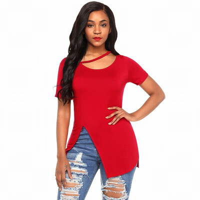 

Solid color round neck short-sleeved dress swinging on both sides casual bottoming shirt tops womens