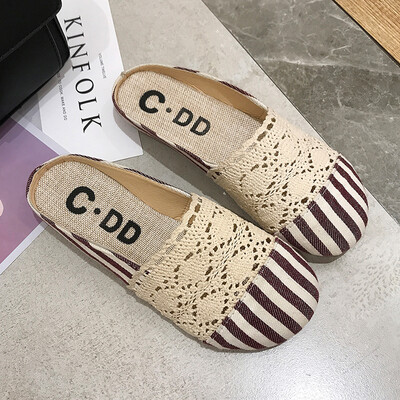 

2019 Korean lace Baotou net half slippers female summer hollow flax woven lazy people wear slippers female summer