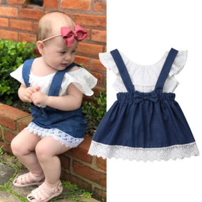 

Infant Baby Girl Off Shoulder Short Sleeve T-shirt Top Denim Overall Skirt Outfits