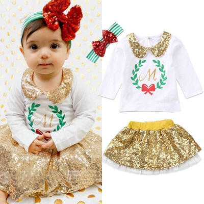 

Sequins Baby Girls Dress Toddler Kids Long Sleeve T Shirt TopsShort Skirts 3pcs Outfits Set Fit For 1-6T