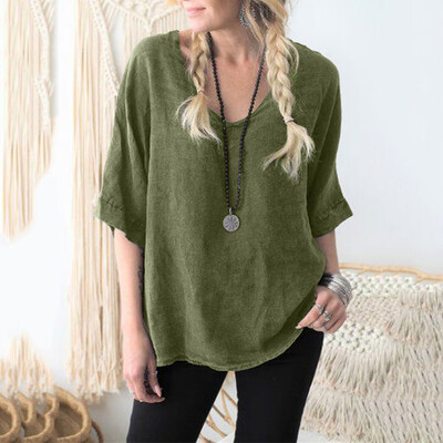 

Starmoon Fashion Women Vintage V-neck Cotton Linen Casual Loose T-shirt Blouse