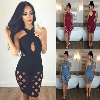 

Women Bandage Bodycon Slim Sleeveless Evening Party Cocktail Pencil Mini Dress halter dress