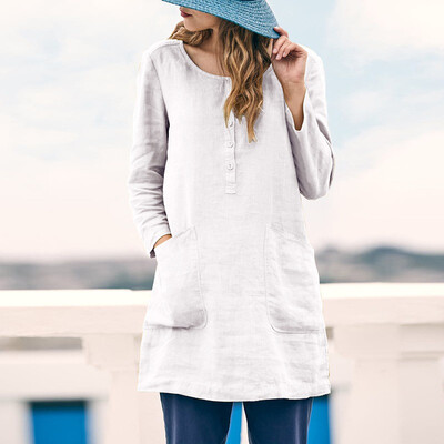 

Womens Retro Casual O Neck Solid Long Sleeve Loose Pockets Cotton & Linen T-Shirt
