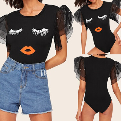 

Starmoon Womens Fashion Short Sleeve Eye Print Beaded Layer Mesh Cuff Bodysuit Tee