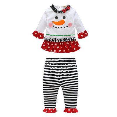 

Kids Girls Xmas Clothes Cute Snowman Trumpet Sleeve Tops Striped Pants Set