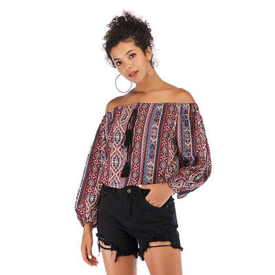 

Off Shoulder Vintage Long Sleeve Pullovers Tops Women Ethnic Style Clothing