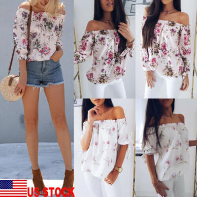 

Fashion Womens Summer Floral Off Shoulder Tops Loose T-shirt Casual Shirt Blouse