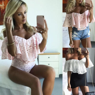 

Women Off Shoulder Lace Bodysuit Skinny Ruffles Romper Beach Playsuit Jumpsuit
