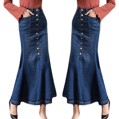 

Roseonmyhand Womens Fashion Long High Waist Button Pocket Front Fishtail Denim Maxi Skirts