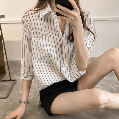 

Womens Tops Spring Striped Shirt Turn-down Collar Three Quarter Sleeve Blouse Woman Korean Clothes blusas mujer de moda 2019