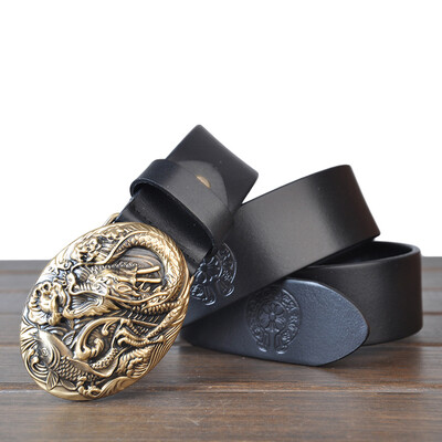 

Dragon fish legend pure copper buckle mens first layer leather belt denim wild smooth buckle Harley locomotive belt