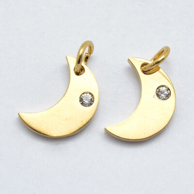 

316 Stainless Steel Pendants with Cubic Zirconia Moon Clear Real Gold Plated 12x9x2mm Hole 3mm
