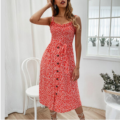 

Womens Fashion Beach Style Floral Print Spaghetti Strap Ruffles Dress Sexy V-Neck Midi Dresses