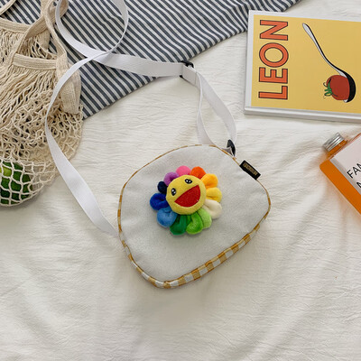 

Cartoon cute colorful sun flower canvas bag 2019 new wild plaid shoulder bag fashion Messenger small square bag