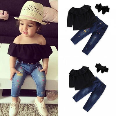 

3PCS Toddler Kid Girls Long Sleeve T-shirt Tops Jeans Trousers Outfits Clothes Set