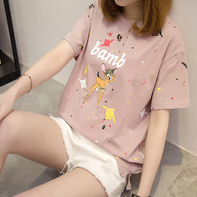 

Style Round Neck Short-sleeved T-Shirts Tees Loose Cartoon Deer Print Womens Tops