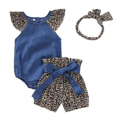 

Newborn Infant Kids Baby Girl Leopard Denim Romper Pants Headband 3PCS Outfits