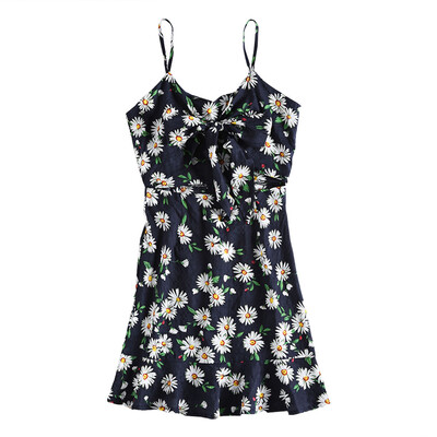 

Women Floral Print Dress Ruffled Hem Bowknot Front Adjustable Halter Spaghetti