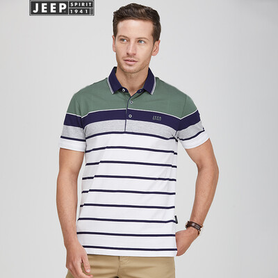 

Jeep short-sleeved mens striped casual POLO shirt youth mens cotton lapel T-shirt 2019 summer new product 8918 green L