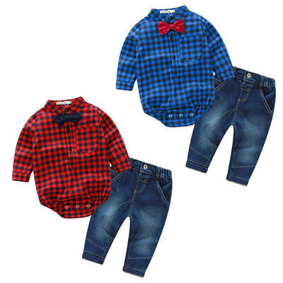 

Newborn Baby Boy Clothes Plaid Romper Bodysuit TopsJeans Pants Outfits Set Mon