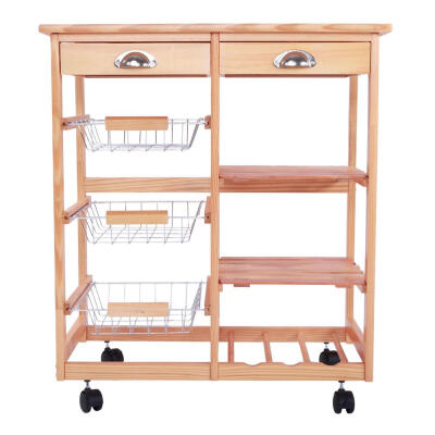 

Rolling Wood Kitchen Trolley Island Utility Storage Cart With Drawers BasketsOn Wheels