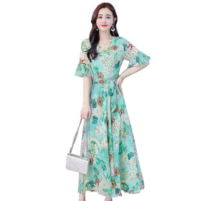 

Elegant Floral Print Maxi Women Summer V-neck Short Sleeve Belt Dresses