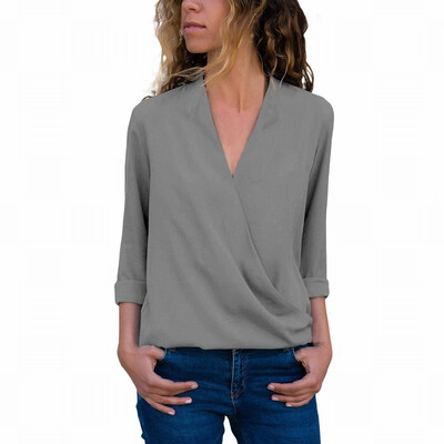 

Womens solid color V-neck long-sleeved casual simple blouse top