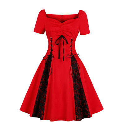 

V-Neck with Short Sleeves Draw String Lace-Up Bud Silk Joining Together Dress
