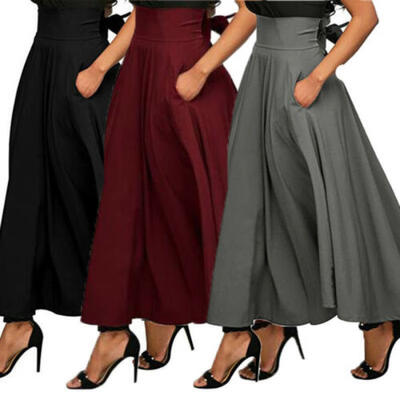 

High Waist Pleated Long Skirts Women Vintage Flared Full Skirt Swing Satin Dress