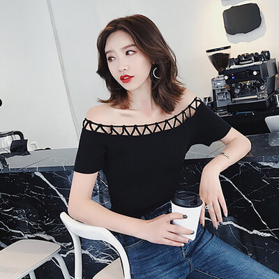 

Solid Black white One Shoulder Cut Out Knitted Crop Tops Basic Slim O Neck Women Short Sleeve Sweater