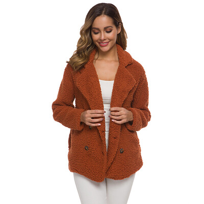 

Toponeto Women Casual Solid Outerwear Faux Fur Cardigan Loose Turn-down Button Coat