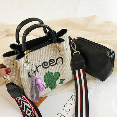 

Summer new small fresh wide shoulder strap contracted Mori Harajuku linen embroidered cactus mother-daughter bag