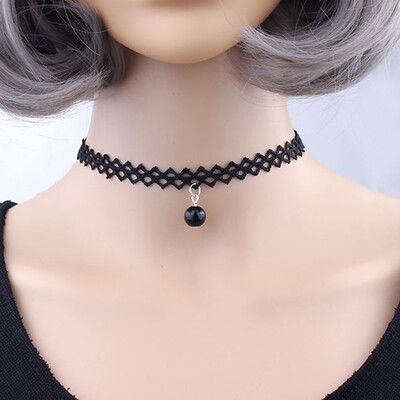 

Women Ladies Fashion Punk Bead Lace Pendant Hollow Lacework Choker Short Chain