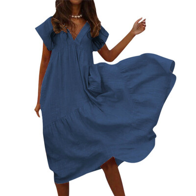 

Women Cotton Linen V-Neck Irregular Loose Waist Long-Sleeved Casual Solid Color Dress