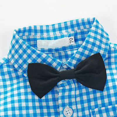 

Newborn Baby Boy Clothes Long Sleeve Grid Shirt Suspender Bowknot Gentleman Set