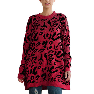 

Women Winter Leopard Printed Round Collar Loose Concise Casual Long Sleeve Sweater