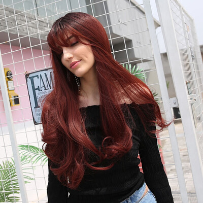 

〖Follure〗High Quality Synthetic Hair Black Gradient Wine Red Long Hair Wig