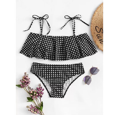 

Saidsome New Women Two Pieces Sexy Print Crop Ruffled Off-Shoulder Bikini Swimwear
