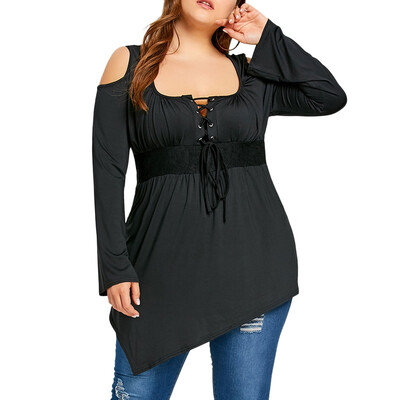 

Plus Size Cold Shoulder Lace Up Asymmetrical T-shirt