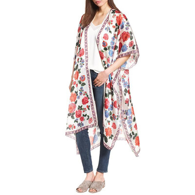 

Women Chiffon Kimono Cardigan Floral Print Split Asymmetric Loose Outerwear Beach Bikini Cover Up White