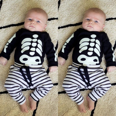 

Toddler Infant Baby Boy Skull Halloween Tops Stripe Long Pants Set Outft Clothes