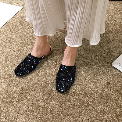 

Xiao Xiangfeng slippers wear autumn Korean version of fashionable thick-heeled sequins Baitie net Hongbaotou semi-slippers