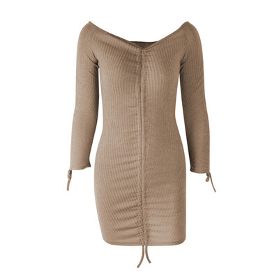 

Autumn And Winter Pit Sexy Bag Hip Long Sleeve Dress Long Skirt Solid Color Slash Neck Drawstring Knit Dress