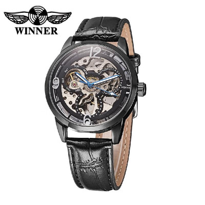 

WINNER PU Watch Strap Hollowed-out Self-winding Mechanical Wristwatch Transparent Dial Automatic Skeleton Watch