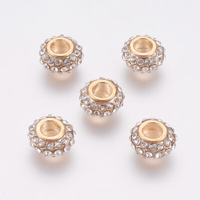 

Alloy European Beads Large Hole Beads with Rhinestone Rondelle Light Gold 11x6mm Hole 4mm