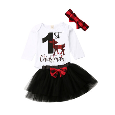 

"My 1st Christmas" Newborn Baby Girl Long Sleeve Romper Tulle Skirt Clothes Set