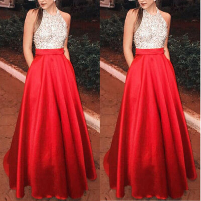 

Women Elegant Formal Wedding Bridesmaid Long Evening Party Ball Prom Gown Cocktail Chiffon Lace Sequin Dress