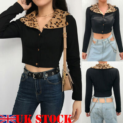 

Women Crop Top Jacket Coat Leopard Collar Casual Long Sleeve Cardigan Outwear